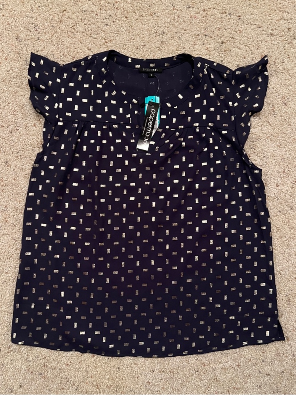NWT Navy Flutter Sleeve Blouse with Metallic Dot Print